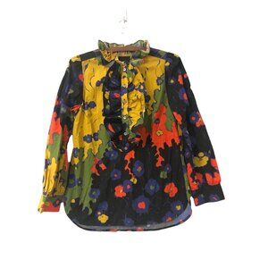 J Crew Collection Womens Colorful Floral Ruffle Front Collar Button Shirt Small